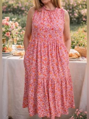 J.CREW Re-Imagined Floral Tiered Midi Dress Pockets Pink Orange Size 8